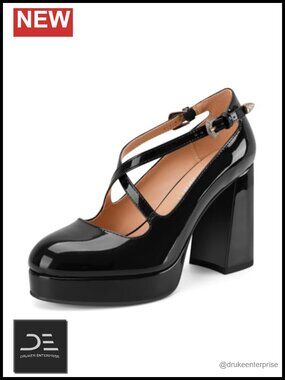 Chunky Platform Mary Jane Heels Cross Ankle Strap Faux Leather Block Heel Pumps